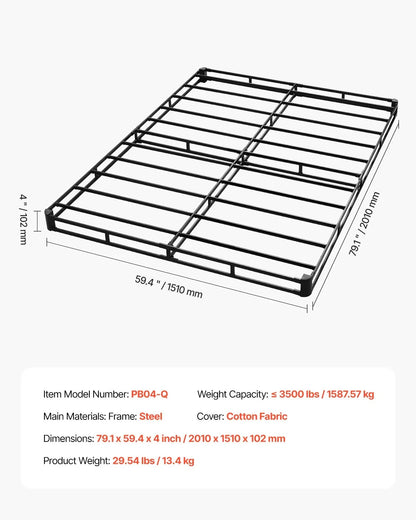 VEVOR Box Spring, Queen Size Bed Frame with Washable Fabric Cloth, Heavy Duty Metal Frame for Queen Bed, 4 in Mattress Foundation, 3500 lbs Max Weight Capacity, Easy Assembly, 79.1 L x 59.4 W x 4 H in - View 6