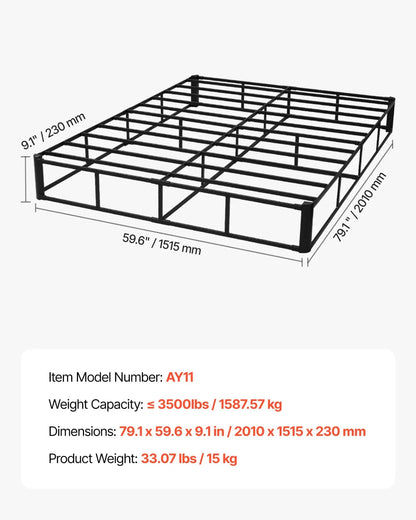 VEVOR Box Spring, Queen Size Bed Frame with Washable Fabric Cloth, Heavy Duty Metal Frame for Queen Bed, 9.1 in Mattress Foundation, 3500 lbs Max Weight Capacity, Easy Assembly, 79.1 x 59.6 x 9.1 in - View 7