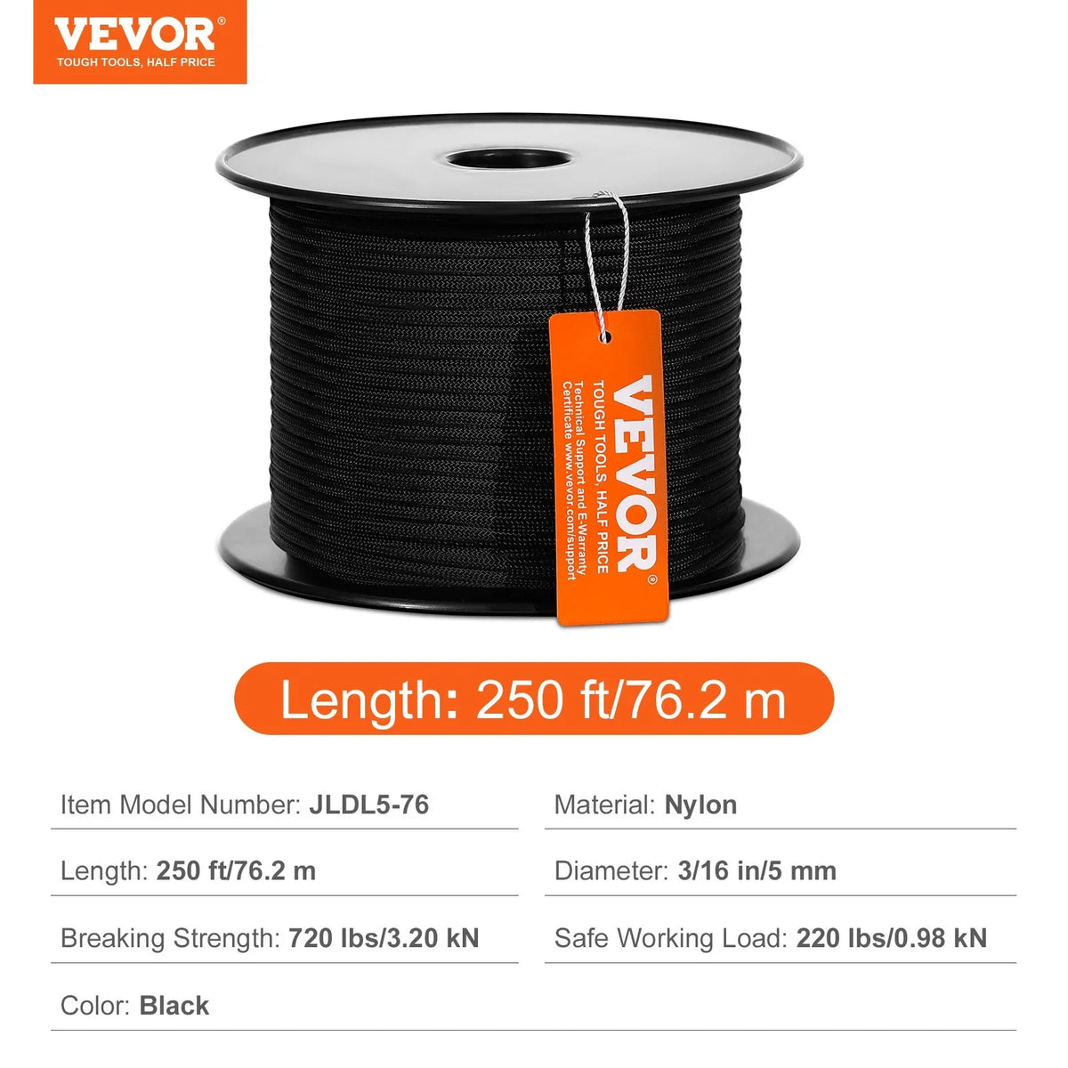 VEVOR Braided Nylon Cord, 3/16 inch by 250 feet, 32-Strand Design, 720 LBS Tensile Strength, Multi-Purpose Black Rope for Outdoor, Tree Work, Hiking, Swinging, and Rescue Operations - View 6