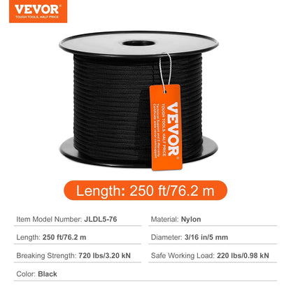 VEVOR Braided Nylon Cord, 3/16 inch by 250 feet, 32-Strand Design, 720 LBS Tensile Strength, Multi-Purpose Black Rope for Outdoor, Tree Work, Hiking, Swinging, and Rescue Operations - View 6