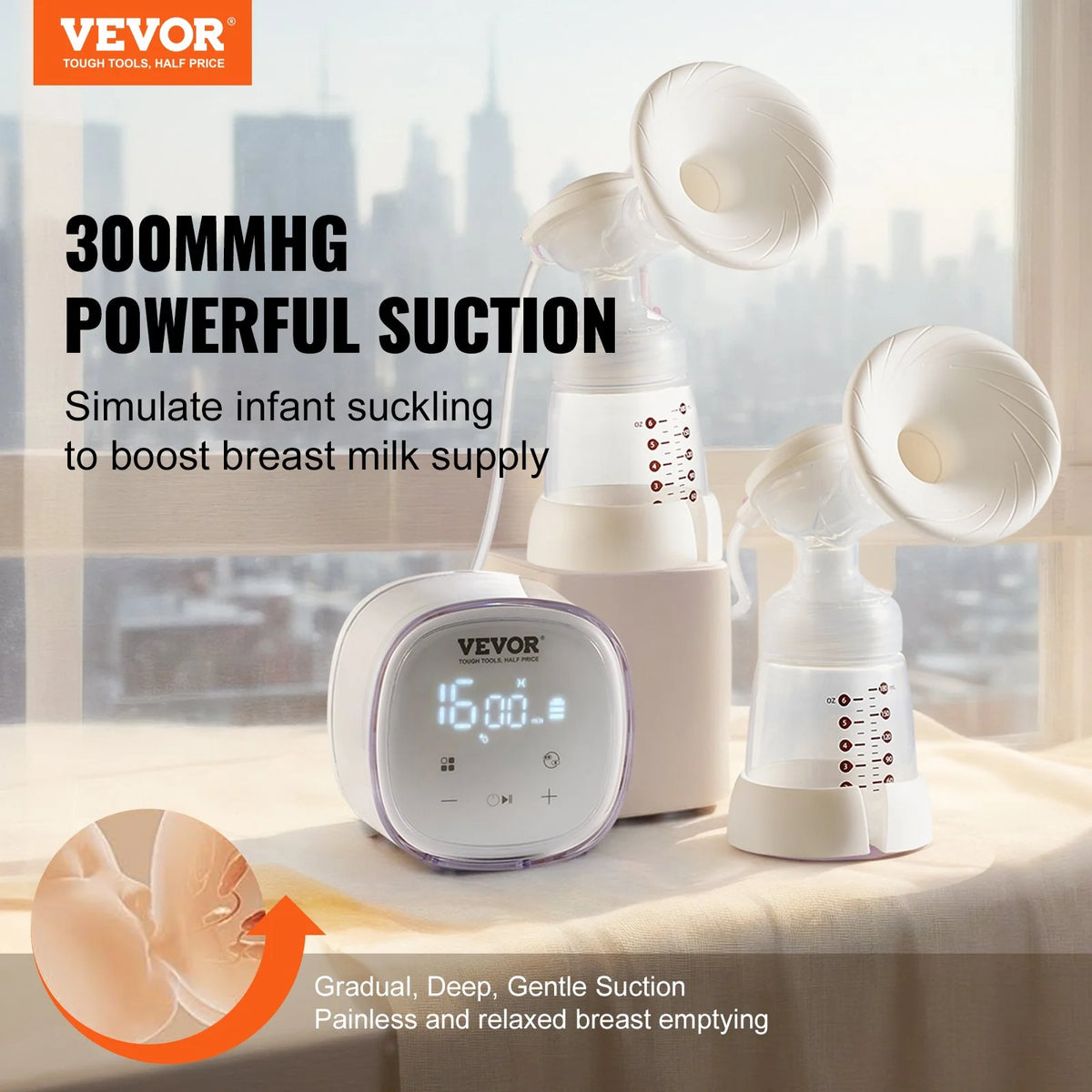 VEVOR Breast Pump Double Electric Breast Pumps 4 Mode & 16 Level 300mmHg Suction - View 2