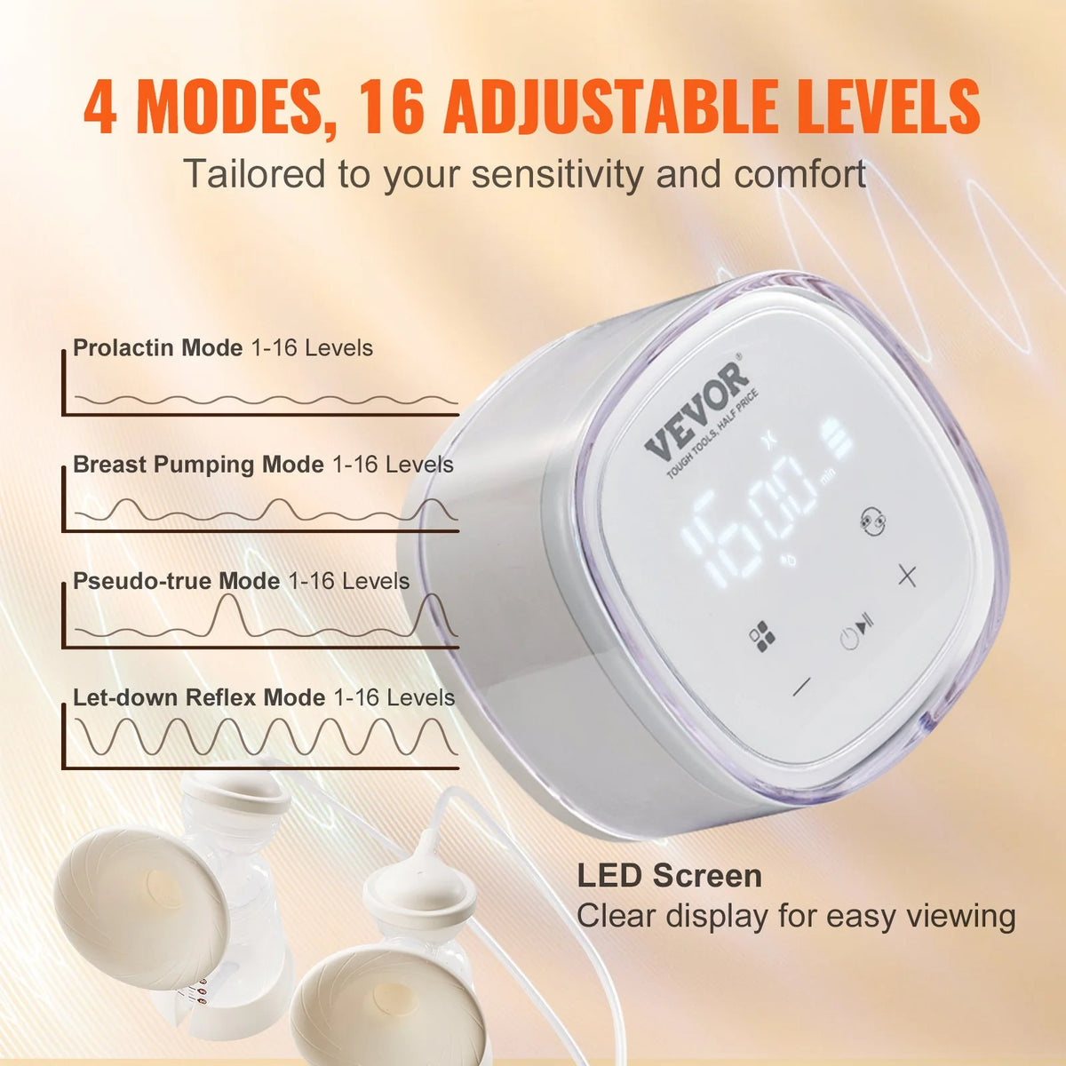 VEVOR Breast Pump Double Electric Breast Pumps 4 Mode & 16 Level 300mmHg Suction - View 3
