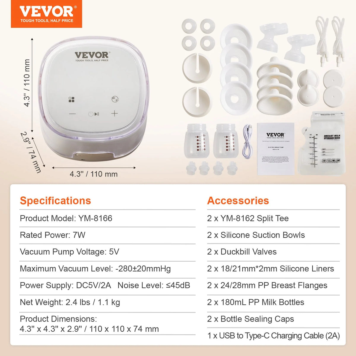 VEVOR Breast Pump Double Electric Breast Pumps 4 Mode & 16 Level 300mmHg Suction - View 7