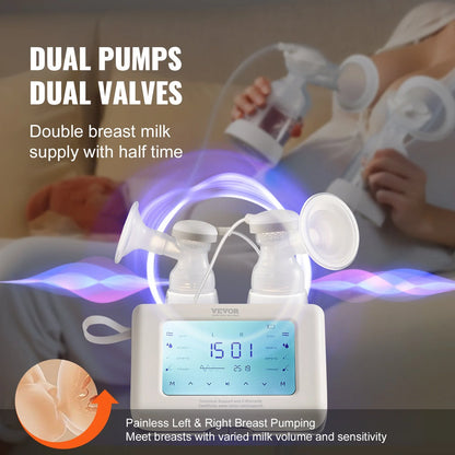 VEVOR Breast Pump, Single/Double Adjustable Electric Breast Pumps, 4 Modes & 9/15 Levels, Reciprocating Piston Pumps, 4000mAH Anti-Backflow Breastfeeding Pump with 300mmHg High Suction, 18/22mm Flange - View 3