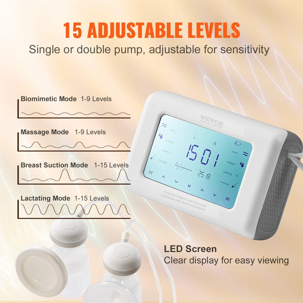 VEVOR Breast Pump, Single/Double Adjustable Electric Breast Pumps, 4 Modes & 9/15 Levels, Reciprocating Piston Pumps, 4000mAH Anti-Backflow Breastfeeding Pump with 300mmHg High Suction, 18/22mm Flange - View 4
