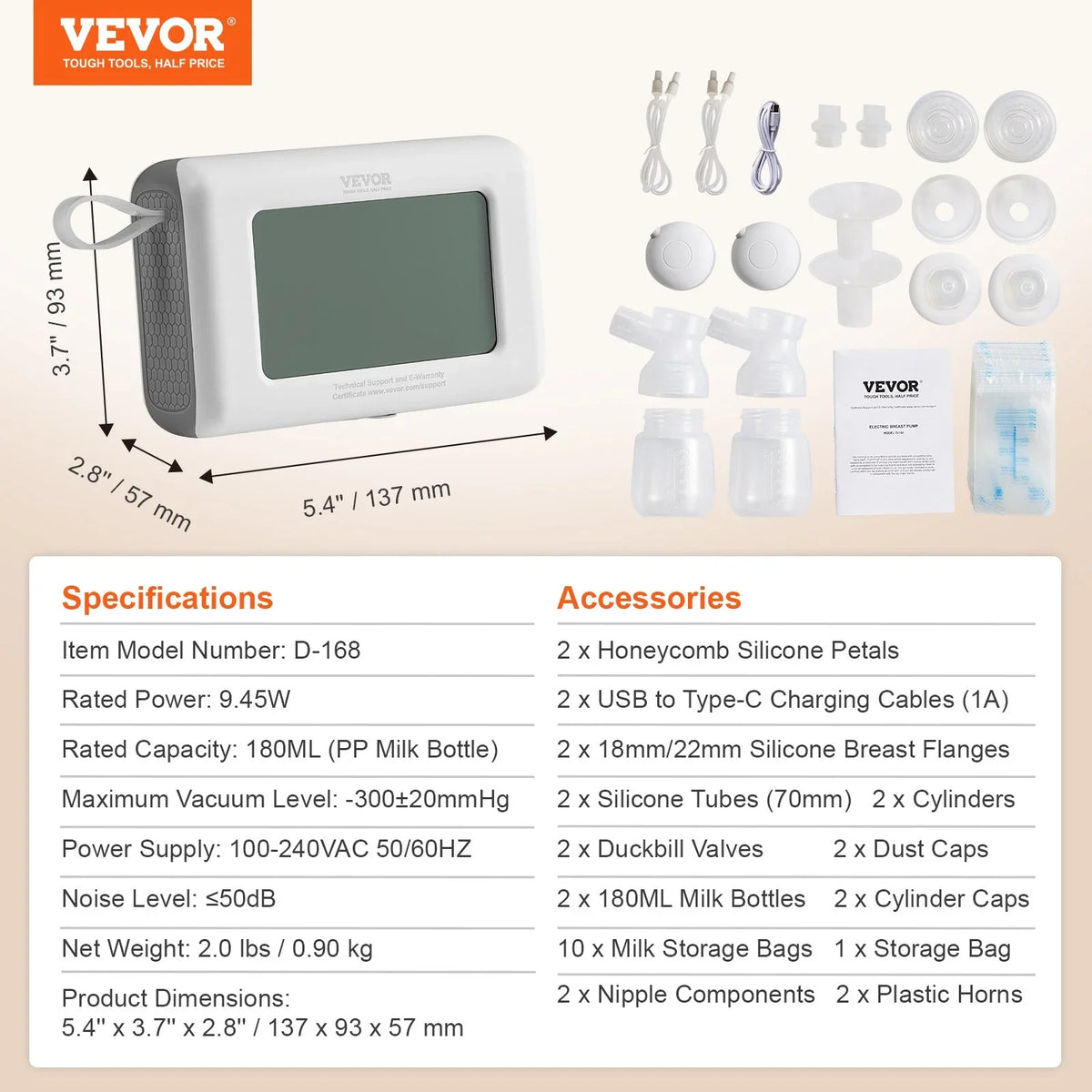 VEVOR Breast Pump, Single/Double Adjustable Electric Breast Pumps, 4 Modes & 9/15 Levels, Reciprocating Piston Pumps, 4000mAH Anti-Backflow Breastfeeding Pump with 300mmHg High Suction, 18/22mm Flange - View 7