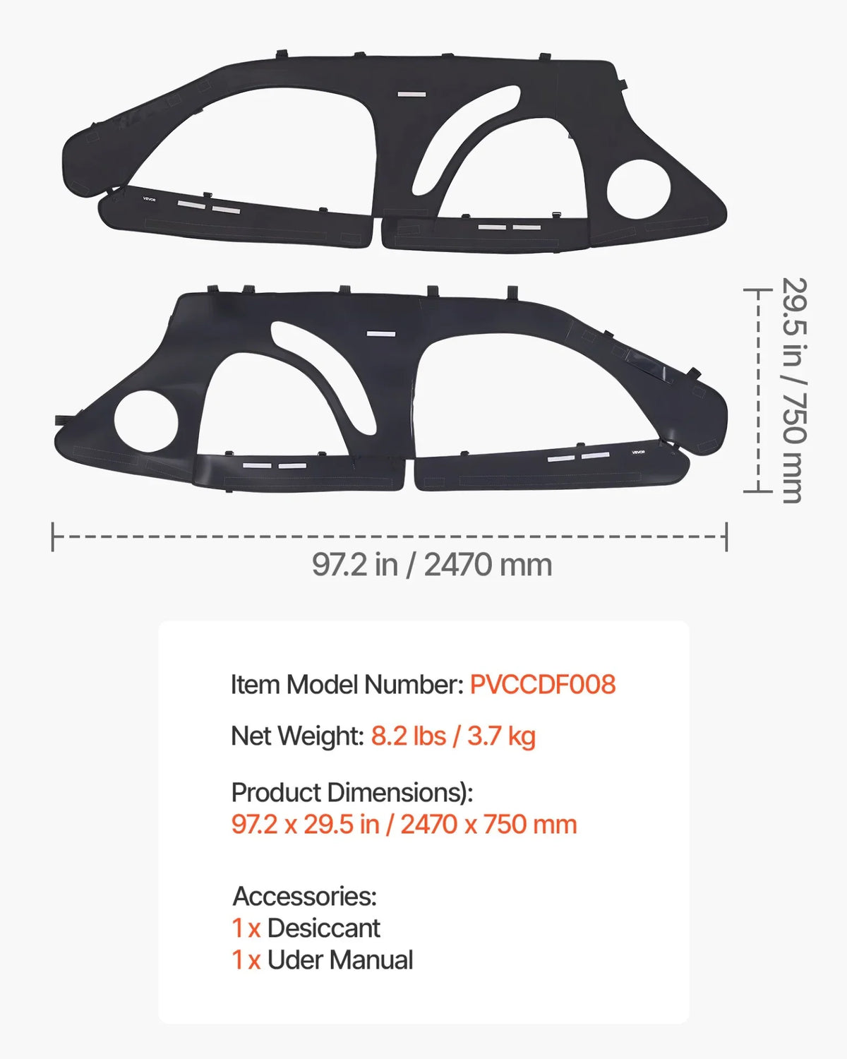 VEVOR Cab Enclosure Upper Doors, Compatible with Polaris RZR PRO 2020-2024/Polaris RZR Turbo2022-2024, Soft Upper Doors, Upgraded Zipper UTV Soft Side Window Kit, Fit with Side Mirrors and Windshields - View 6