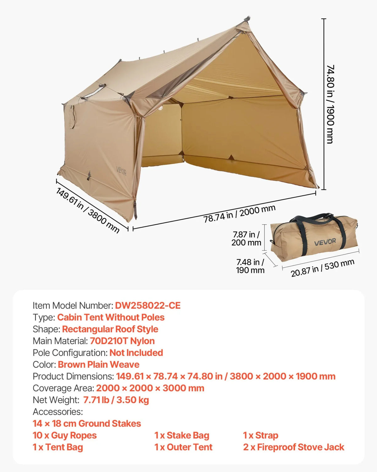 VEVOR Cabin Hot Tent with Stove Jack Lightweight Waterproof 2 Persons Camping - View 6