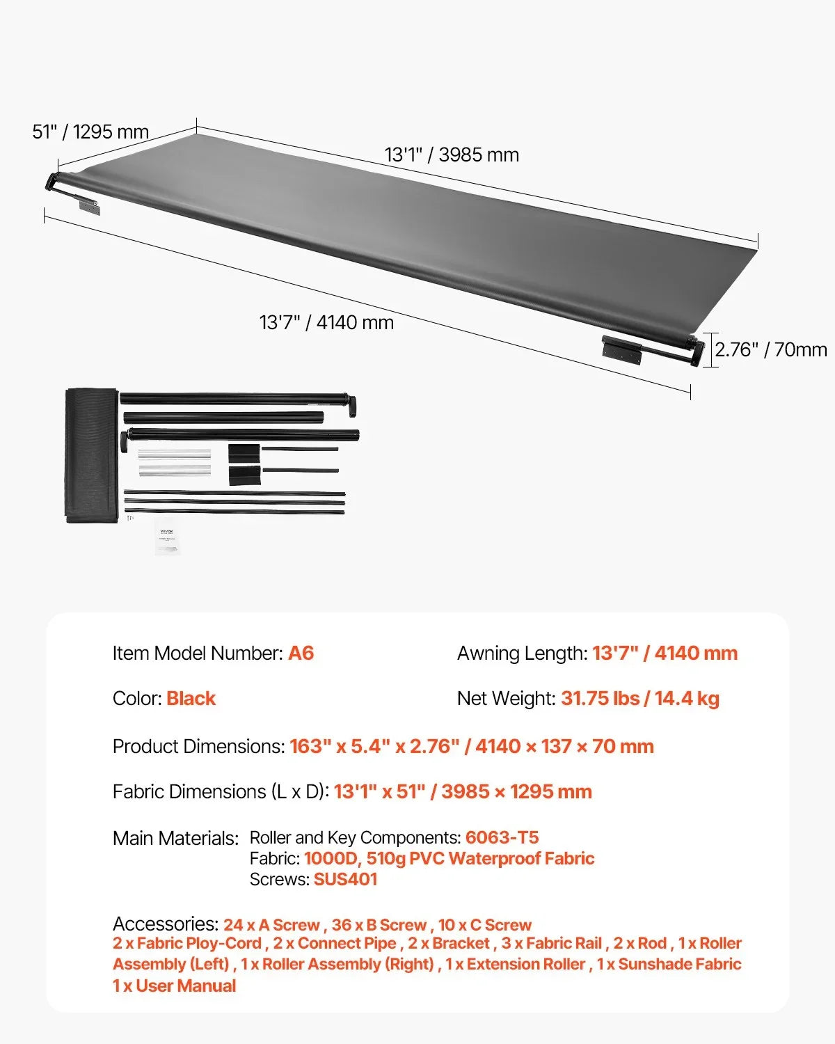 VEVOR Camper Awning Fabric Replacement, 1" to 13', Weatherproof Durable Slide Topper Awning with Bracket, Heavy Duty Slide Topper Awning with Stainless Steel Material, Fit for RV & Motorhome(Black) - View 6
