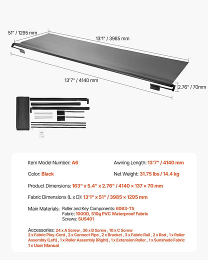 VEVOR Camper Awning Fabric Replacement, 1" to 13', Weatherproof Durable Slide Topper Awning with Bracket, Heavy Duty Slide Topper Awning with Stainless Steel Material, Fit for RV & Motorhome(Black) - View 6