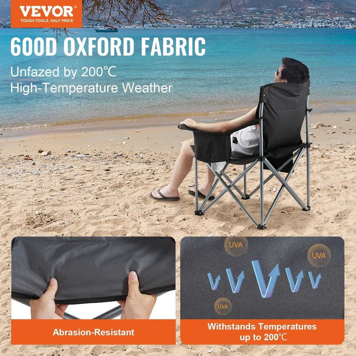 VEVOR Camping Folding Chair for Adults, Portable Heavy Duty Outdoor Quad Lumbar Back Padded Arm Chairs with Side Pockets, Cup Holder and Cooler Bag for Beach, Lawn, Picnic, Fishing, Backpacking, Black - View 2