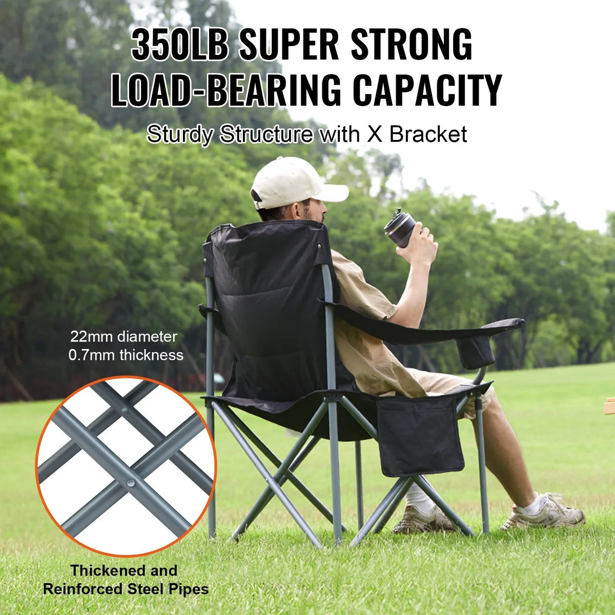 VEVOR Camping Folding Chair for Adults, Portable Heavy Duty Outdoor Quad Lumbar Back Padded Arm Chairs with Side Pockets, Cup Holder and Cooler Bag for Beach, Lawn, Picnic, Fishing, Backpacking, Black - View 3