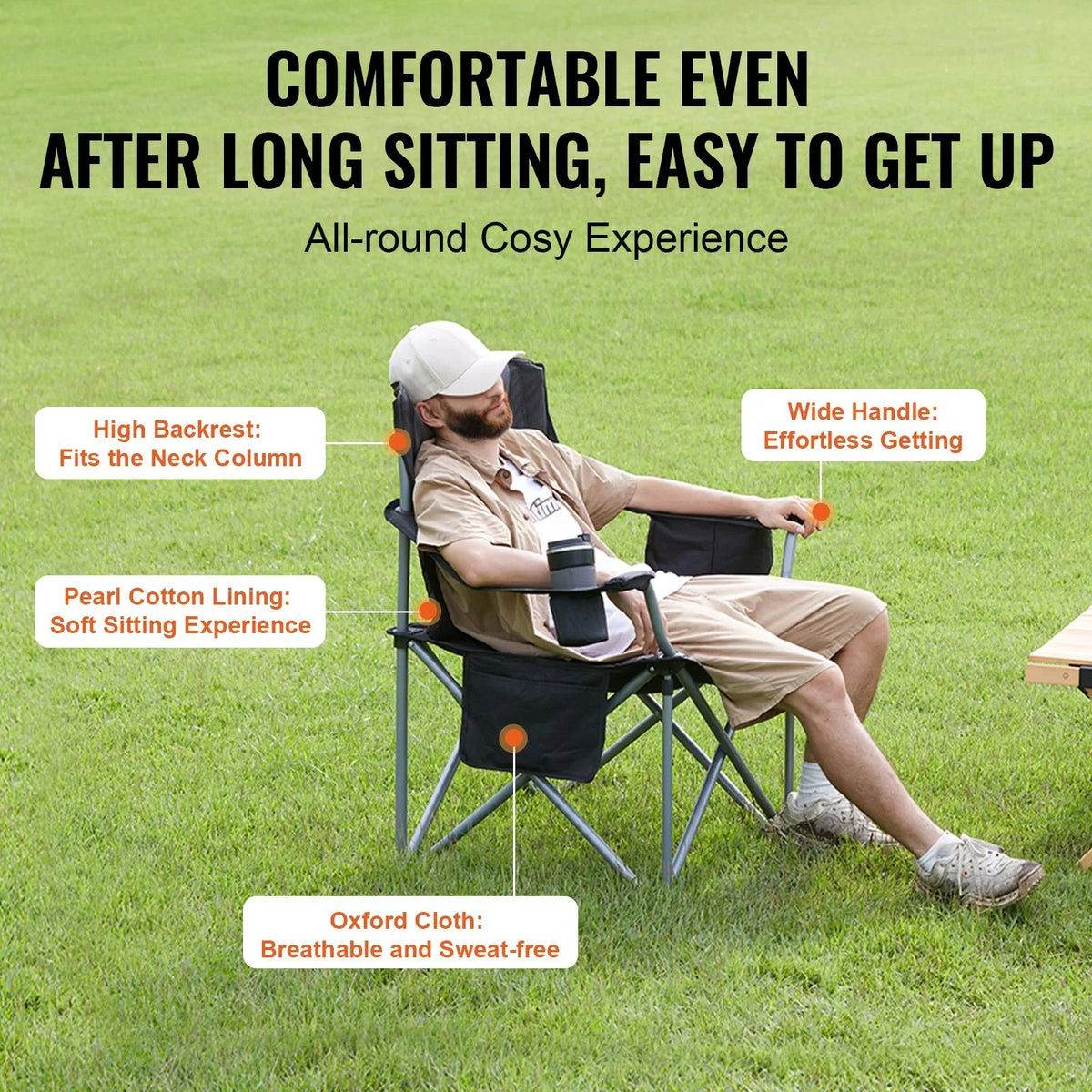 VEVOR Camping Folding Chair for Adults, Portable Heavy Duty Outdoor Quad Lumbar Back Padded Arm Chairs with Side Pockets, Cup Holder and Cooler Bag for Beach, Lawn, Picnic, Fishing, Backpacking, Black - View 4