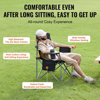VEVOR Camping Folding Chair for Adults, Portable Heavy Duty Outdoor Quad Lumbar Back Padded Arm Chairs with Side Pockets, Cup Holder and Cooler Bag for Beach, Lawn, Picnic, Fishing, Backpacking, Black - View 4
