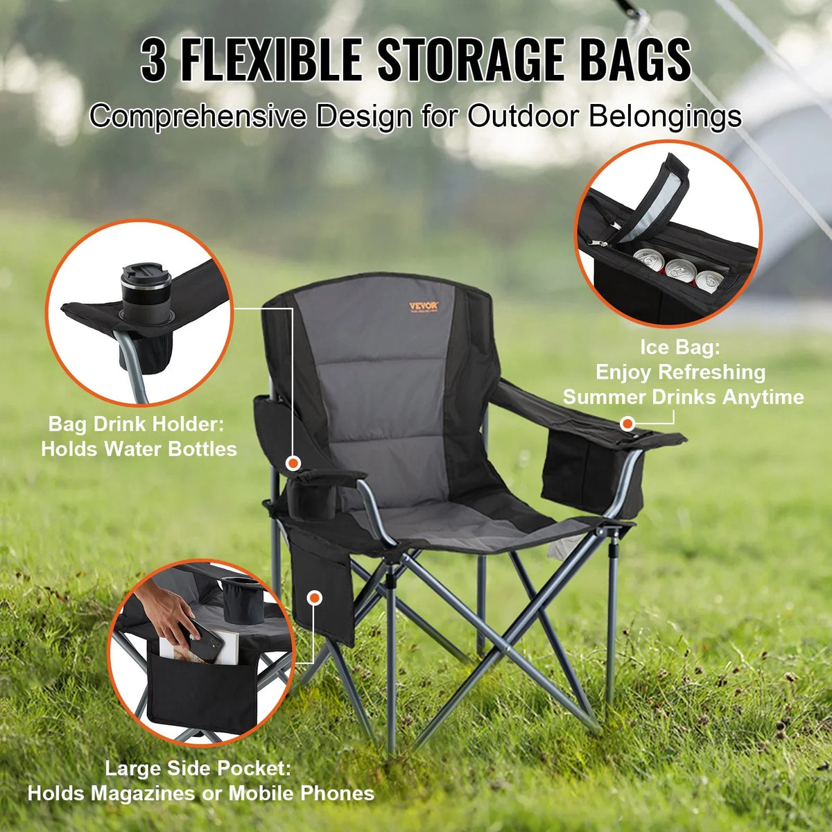 VEVOR Camping Folding Chair for Adults, Portable Heavy Duty Outdoor Quad Lumbar Back Padded Arm Chairs with Side Pockets, Cup Holder and Cooler Bag for Beach, Lawn, Picnic, Fishing, Backpacking, Black - View 5