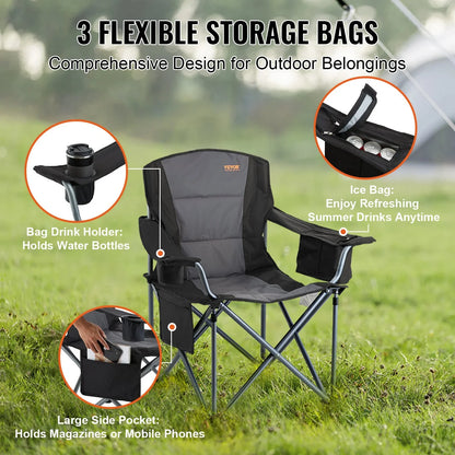 VEVOR Camping Folding Chair for Adults, Portable Heavy Duty Outdoor Quad Lumbar Back Padded Arm Chairs with Side Pockets, Cup Holder and Cooler Bag for Beach, Lawn, Picnic, Fishing, Backpacking, Black - View 5
