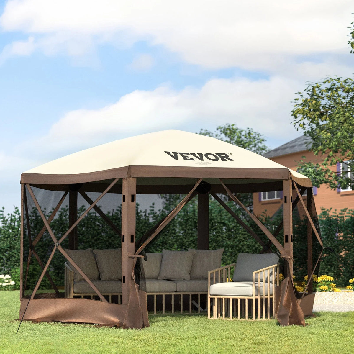 VEVOR Camping Gazebo Tent, 10'x10', 6 Sided Pop-up Canopy Screen Tent for 8 Person Camping, Waterproof Screen Shelter w/Portable Storage Bag, Ground Stakes, Mesh Windows, Brown & Beige - View 12