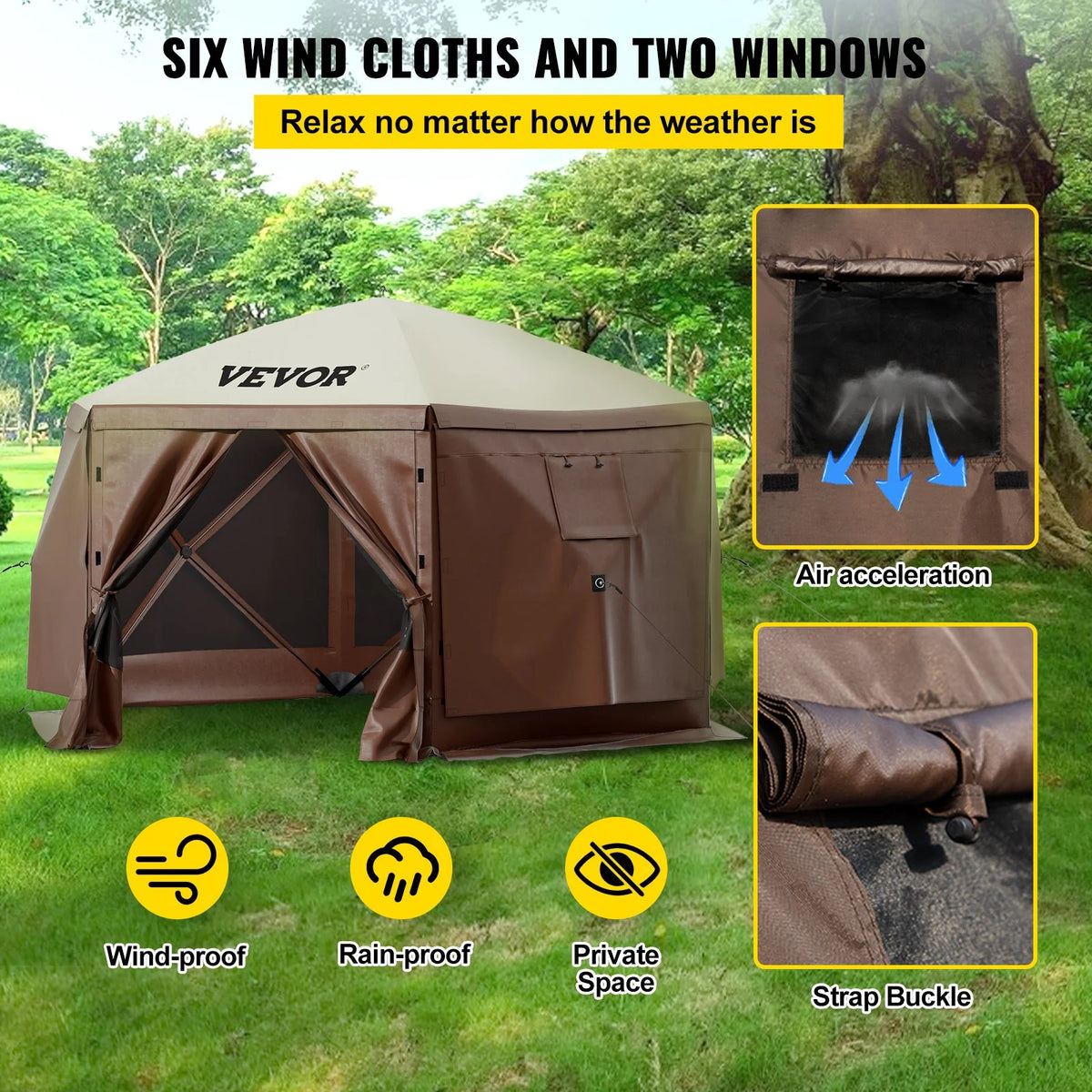 VEVOR Camping Gazebo Tent, 10'x10', 6 Sided Pop-up Canopy Screen Tent for 8 Person Camping, Waterproof Screen Shelter w/Portable Storage Bag, Ground Stakes, Mesh Windows, Brown & Beige - View 2