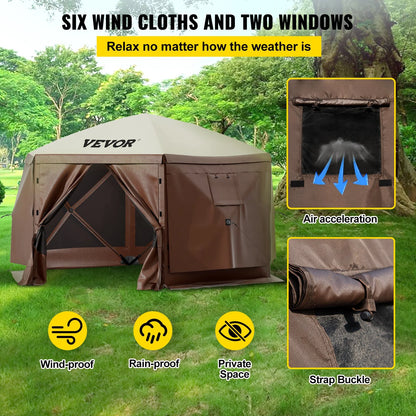 VEVOR Camping Gazebo Tent, 10'x10', 6 Sided Pop-up Canopy Screen Tent for 8 Person Camping, Waterproof Screen Shelter w/Portable Storage Bag, Ground Stakes, Mesh Windows, Brown & Beige - View 2