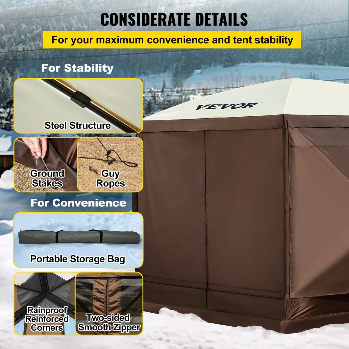 VEVOR Camping Gazebo Tent, 10'x10', 6 Sided Pop-up Canopy Screen Tent for 8 Person Camping, Waterproof Screen Shelter w/Portable Storage Bag, Ground Stakes, Mesh Windows, Brown & Beige - View 5