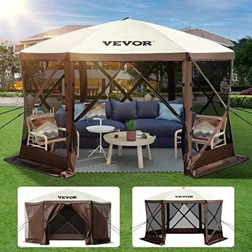 VEVOR Camping Gazebo Tent, 10'x10', 6 Sided Pop-up Canopy Screen Tent for 8 Person Camping, Waterproof Screen Shelter w/Portable Storage Bag, Ground Stakes, Mesh Windows, Brown & Beige - View 7