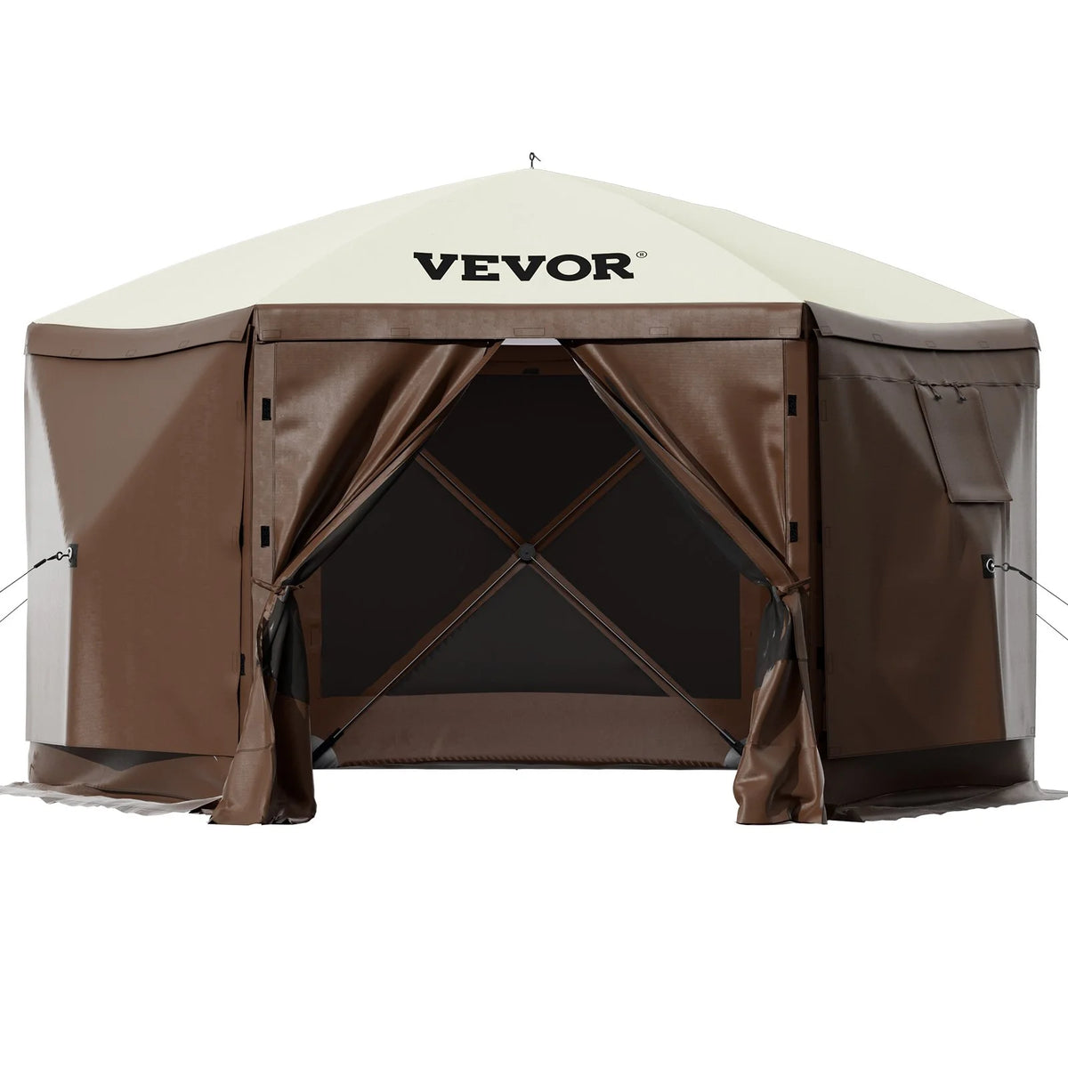 VEVOR Camping Gazebo Tent, 10'x10', 6 Sided Pop-up Canopy Screen Tent for 8 Person Camping, Waterproof Screen Shelter w/Portable Storage Bag, Ground Stakes, Mesh Windows, Brown & Beige - View 8