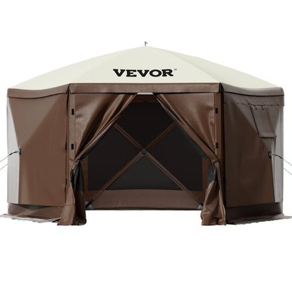 VEVOR Camping Gazebo Tent, 10'x10', 6 Sided Pop-up Canopy Screen Tent for 8 Person Camping, Waterproof Screen Shelter w/Portable Storage Bag, Ground Stakes, Mesh Windows, Brown & Beige - View 8