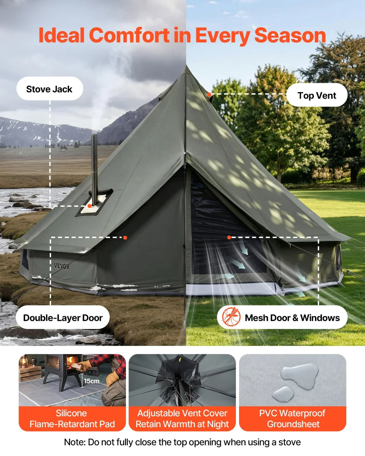 VEVOR Canvas Bell Tent, 4 Seasons 16.4 ft Yurt Tent for Camping with Stove Jack, Canvas Breathable Holds up to 7 People with Zipped Detachable Floor, for Family Camping Glamping Outdoor Hunting Party - View 4