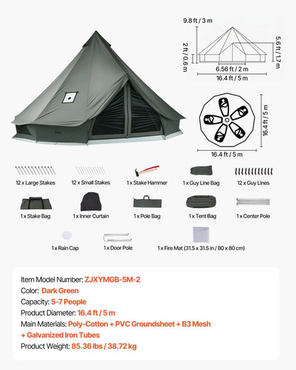 VEVOR Canvas Bell Tent, 4 Seasons 16.4 ft Yurt Tent for Camping with Stove Jack, Canvas Breathable Holds up to 7 People with Zipped Detachable Floor, for Family Camping Glamping Outdoor Hunting Party - View 6