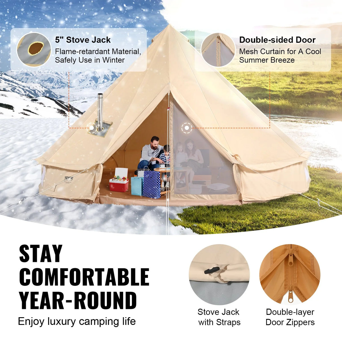 VEVOR Canvas Bell Tent, 4 Seasons 3 m/9.8ft Yurt Tent, Canvas Tent for Camping with Stove Jack, Breathable Tent Holds up to 4 People, Family Camping Outdoor Hunting Party - View 2