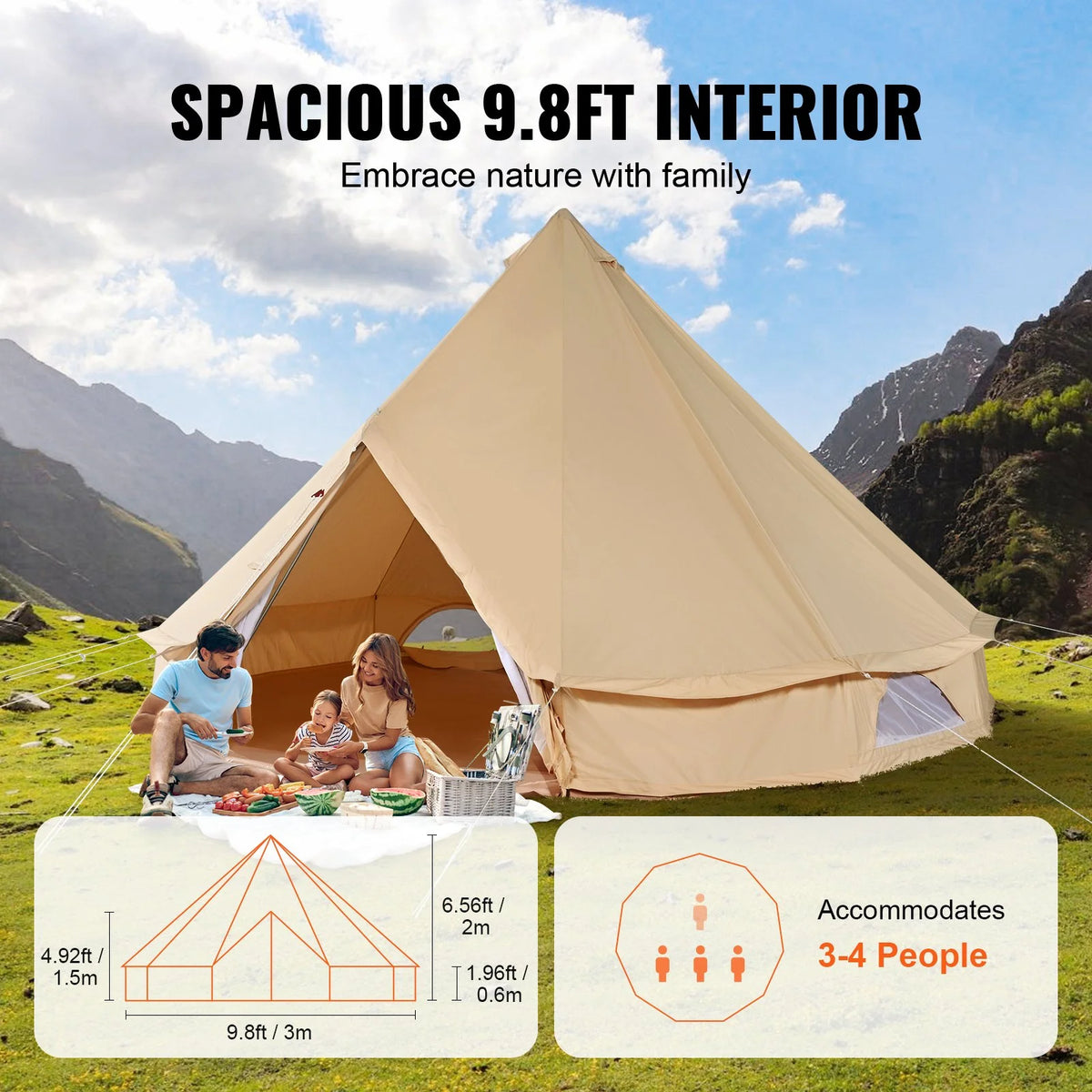 VEVOR Canvas Bell Tent, 4 Seasons 3 m/9.8ft Yurt Tent, Canvas Tent for Camping with Stove Jack, Breathable Tent Holds up to 4 People, Family Camping Outdoor Hunting Party - View 3