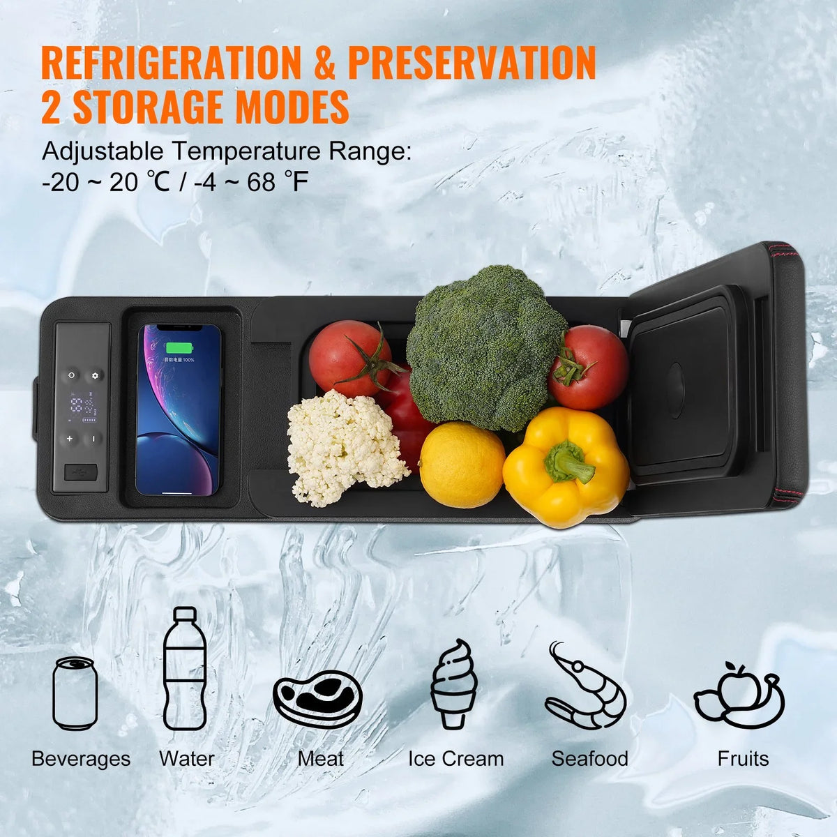 VEVOR Car Refrigerator, 12 Volt Car Armrest Refrigerator Fridge, 8 L Single Zone Portable Freezer, -4℉-68℉ Adjustable Range, 12/24V DC and 100-240V AC Compressor Cooler for Outdoor, Camping - View 2