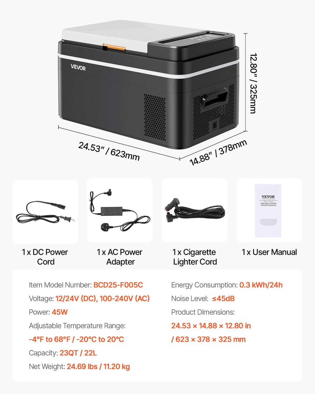 VEVOR Car Refrigerator, DC 12/24V AC100-240V Compressor Electric Cooler, -4°F to 68°F Car Fridge with APP Control, 23 QT Cars Freezer for RVs, Campsites, Boats, Camping, Fishing, 45W Portable Freezer - View 7