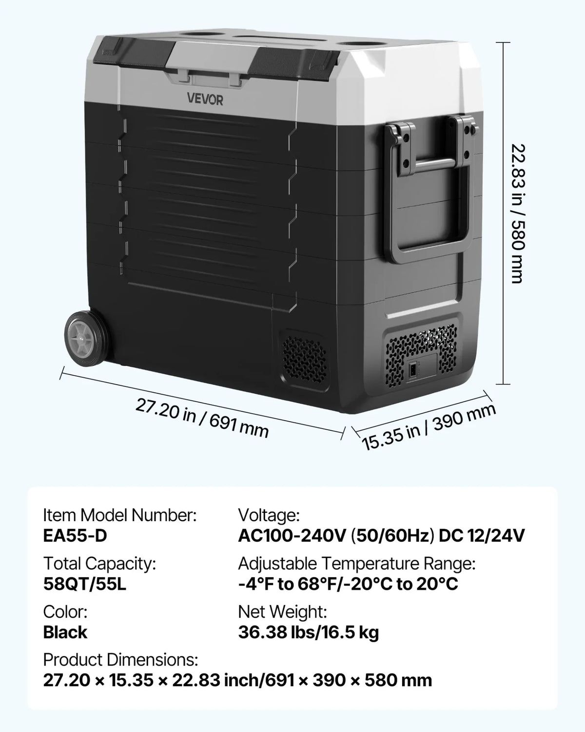 VEVOR Car Refrigerator, DC 12/24V AC100-240V Compressor Electric Cooler,  -4°F to 68°F Truck Refrigerator with APP Control, Wheels & Dual Zone, 58 QT Cars Cooler for RVs, Boats, Camping, Fishing - View 7
