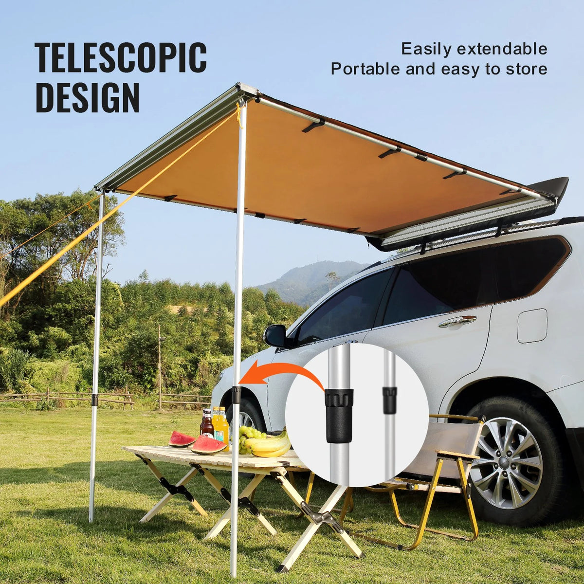 VEVOR Car Side Awning, Large 4.6'x6.6' Shade Coverage Vehicle Awning, PU3000mm UV50+ Retractable Car Awning with Waterproof Storage Bag, Suitable for Truck, SUV, Van, Campers - View 3