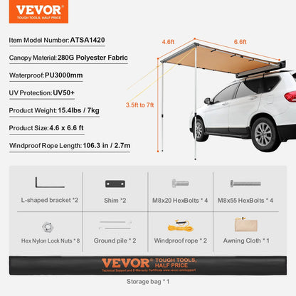 VEVOR Car Side Awning, Large 4.6'x6.6' Shade Coverage Vehicle Awning, PU3000mm UV50+ Retractable Car Awning with Waterproof Storage Bag, Suitable for Truck, SUV, Van, Campers - View 6