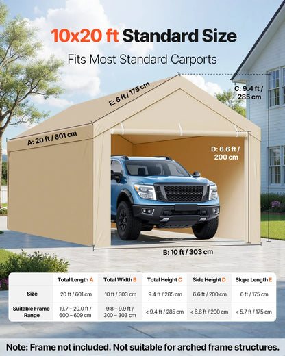 VEVOR Carport Replacement Canopy, 10 x 20 ft Potable Garage Tent Top Tarp with Sidewalls, UV-Resistant & Waterproof, Heavy Duty Car Shelter Tarp with Ball Buggees, Beige, Frame Not Included