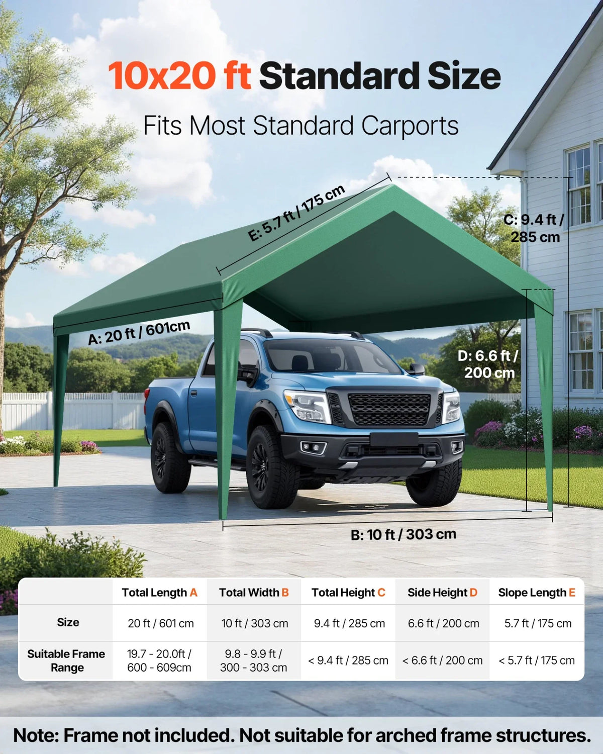 VEVOR Carport Replacement Canopy, 10 x 20 ft Potable Garage Tent Top Tarp, UV-Resistant & Waterproof Car Shelter Tarp, Heavy Duty Car Port Cover with Ball Buggees, Dark Green, Frame Not Included