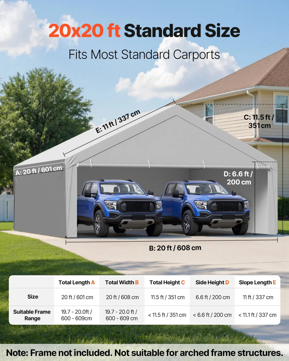 VEVOR Carport Replacement Canopy, 20 x 20 ft Potable Garage Tent Top Tarp with Sidewalls, UV-Resistant & Waterproof, Heavy Duty Car Shelter Tarp with Ball Buggees, Grey, Frame Not Included