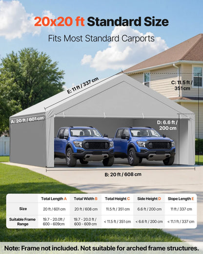 VEVOR Carport Replacement Canopy, 20 x 20 ft Potable Garage Tent Top Tarp with Sidewalls, UV-Resistant & Waterproof, Heavy Duty Car Shelter Tarp with Ball Buggees, Grey, Frame Not Included
