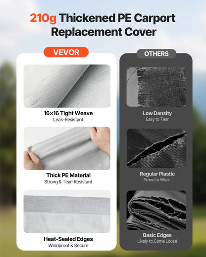 VEVOR Carport Replacement Canopy, 20 x 20 ft Potable Garage Tent Top Tarp with Sidewalls, UV-Resistant & Waterproof, Heavy Duty Car Shelter Tarp with Ball Buggees, Grey, Frame Not Included - View 3