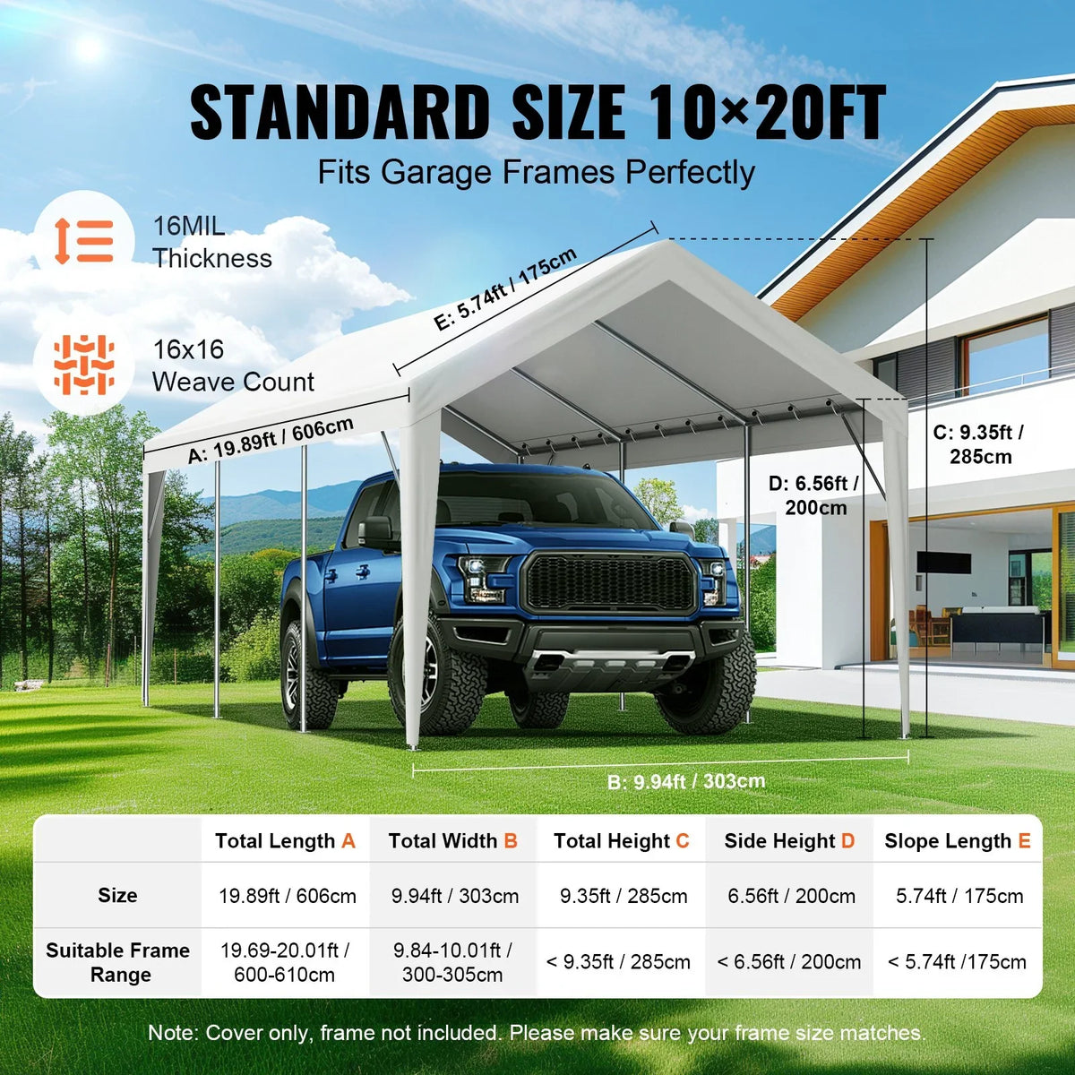 VEVOR Carport Replacement Canopy Cover 10 x 20 ft, Garage Top Tent Shelter Tarp Heavy-Duty Waterproof & UV Protected, Easy Installation with Ball Bungees,White (Only Top Cover, Frame Not Include) - View 12