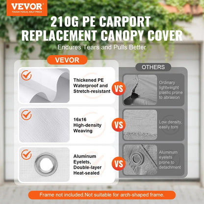 VEVOR Carport Replacement Canopy Cover 10 x 20 ft, Garage Top Tent Shelter Tarp Heavy-Duty Waterproof & UV Protected, Easy Installation with Ball Bungees,White (Only Top Cover, Frame Not Include) - View 13