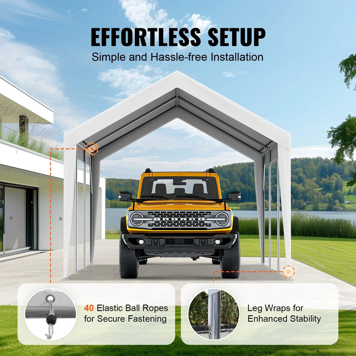 VEVOR Carport Replacement Canopy Cover 10 x 20 ft, Garage Top Tent Shelter Tarp Heavy-Duty Waterproof & UV Protected, Easy Installation with Ball Bungees,White (Only Top Cover, Frame Not Include) - View 4