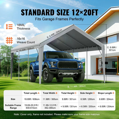 VEVOR Carport Replacement Canopy Cover 12 x 20 ft, Garage Top Tent Shelter Tarp Heavy-Duty Waterproof & UV Protected, Easy Installation with Ball Bungees,Grey (Only Top Cover, Frame Not Include) - View 13