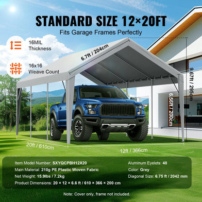 VEVOR Carport Replacement Canopy Cover 12 x 20 ft, Garage Top Tent Shelter Tarp Heavy-Duty Waterproof & UV Protected, Easy Installation with Ball Bungees,Grey (Only Top Cover, Frame Not Include) - View 3