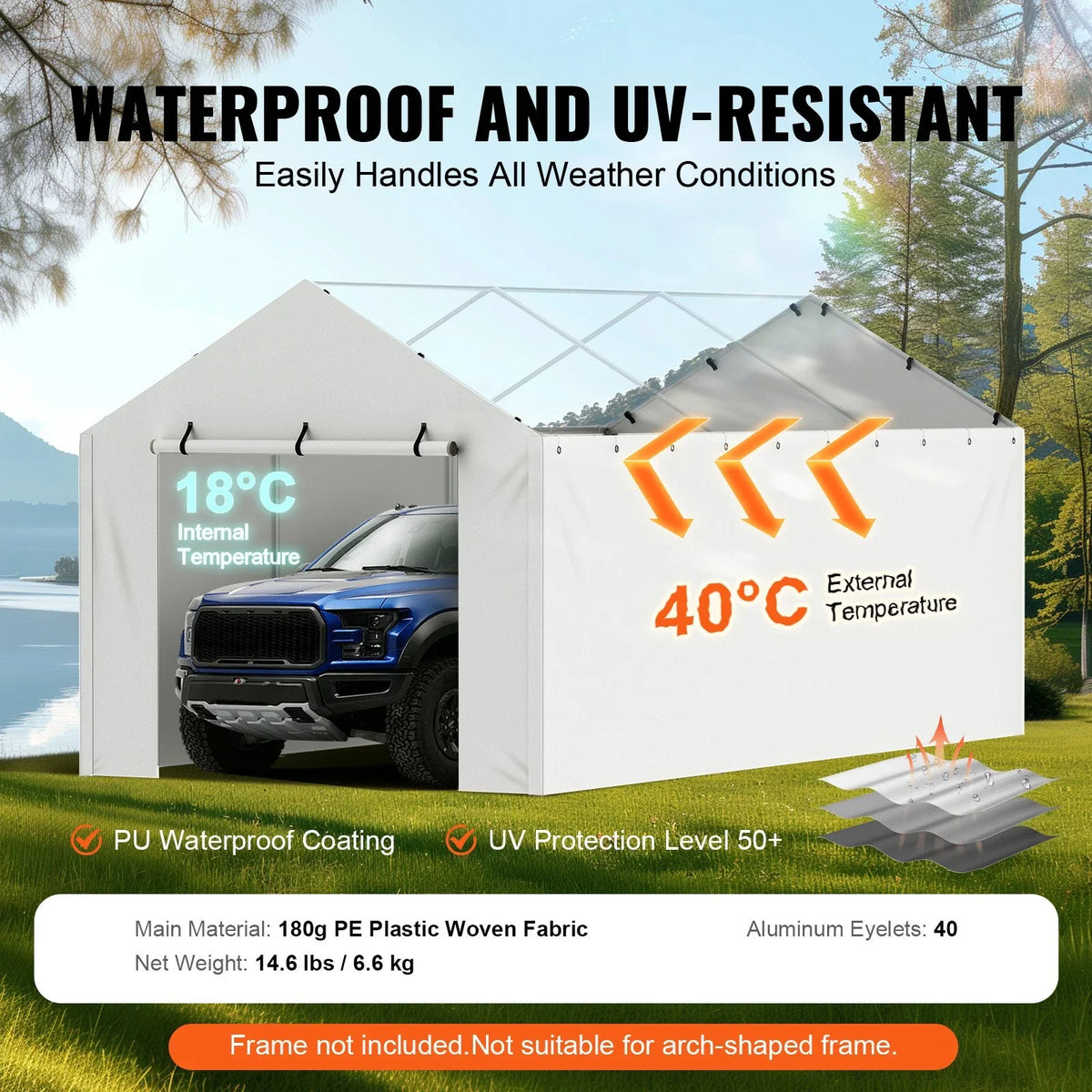 VEVOR Carport Replacement Canopy Cover Side Wall 10 x 20 ft, Garage Tent Shelter Tarp Heavy-Duty Waterproof & UV Protected, Easy Installation with Ball Bungees,White (Top and Frame Not Included) - View 12