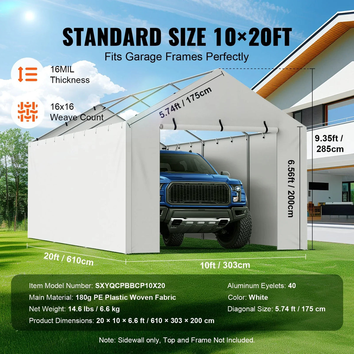 VEVOR Carport Replacement Canopy Cover Side Wall 10 x 20 ft, Garage Tent Shelter Tarp Heavy-Duty Waterproof & UV Protected, Easy Installation with Ball Bungees,White (Top and Frame Not Included) - View 3