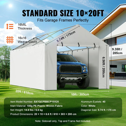 VEVOR Carport Replacement Canopy Cover Side Wall 10 x 20 ft, Garage Tent Shelter Tarp Heavy-Duty Waterproof & UV Protected, Easy Installation with Ball Bungees,White (Top and Frame Not Included) - View 3