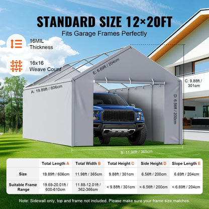 VEVOR Carport Replacement Canopy Cover Side Wall 12 x 20 ft, Garage Tent Shelter Tarp Heavy-Duty Waterproof & UV Protected, Easy Installation with Ball Bungees,Grey (Top and Frame Not Included) - View 13